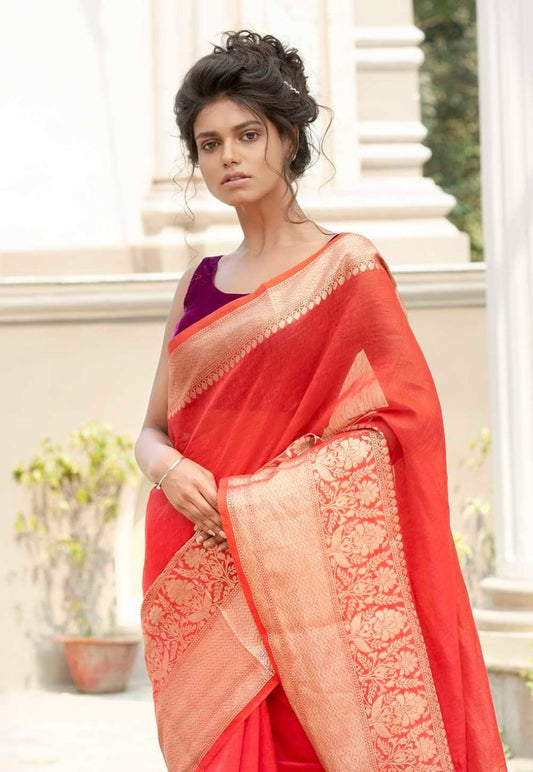 Pure Linen Saree with Ikkat Border | Lightweight Ethnic