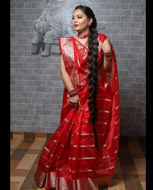 Red Premium Banarasi organza stripe saree