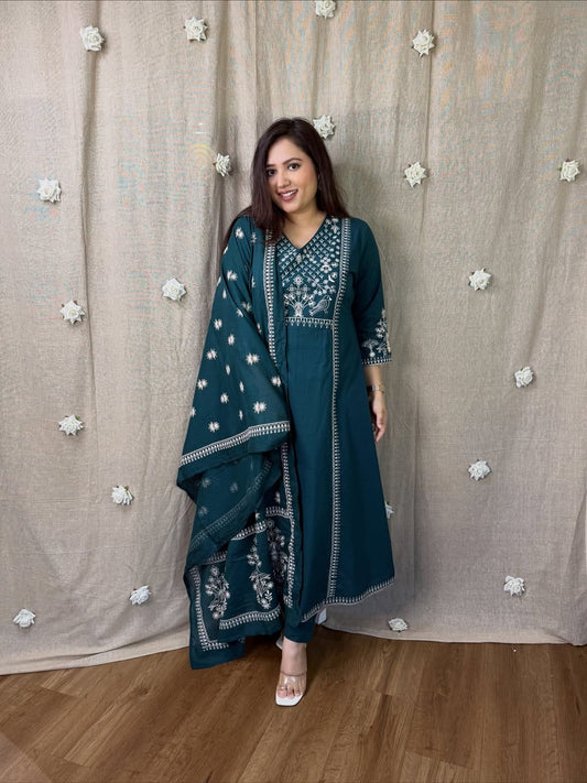 Pure Cotton A-Line Kurta Set with Thread Embroidery