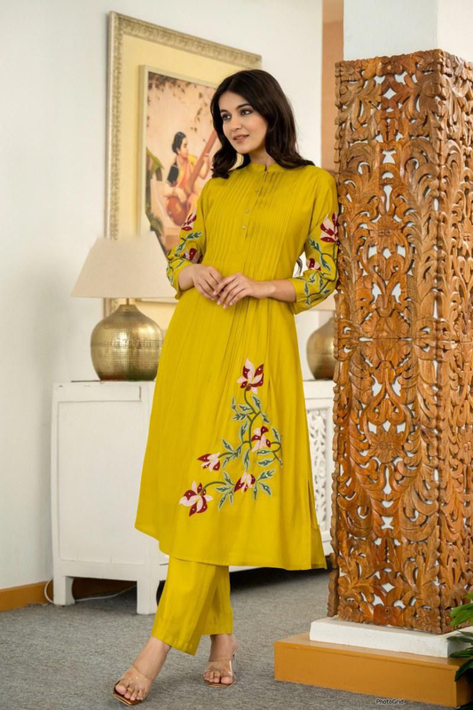 Pure Cotton Pleated Kurta Set with Heavy Embroidery