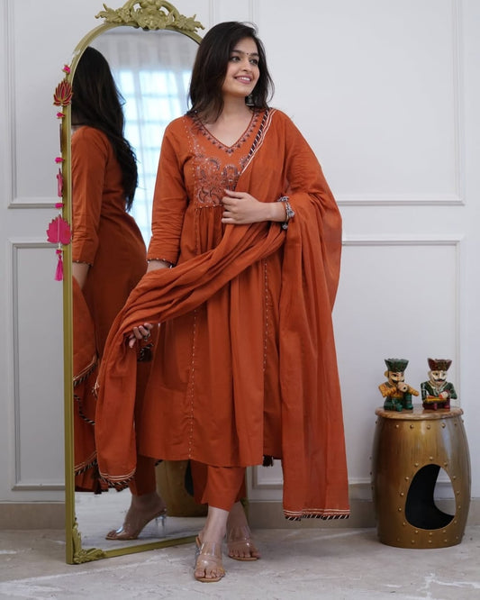 Cotton Natra Cut Kurta Set with Embroidered Neckline & Malmal Dupatta