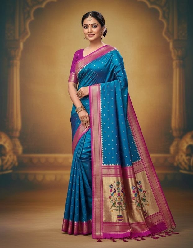 Woman wearing a blue and pink saree with a decorative background