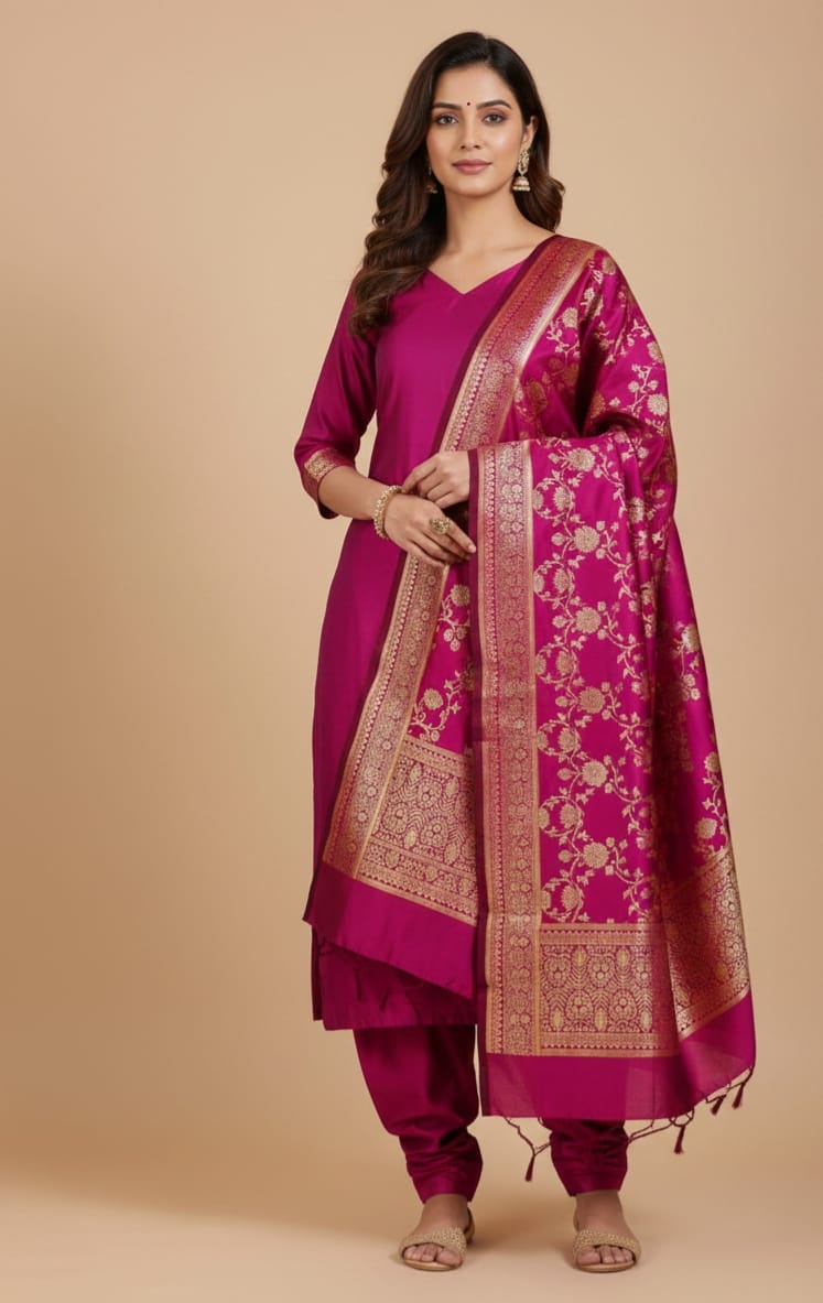 Woman wearing a pink traditional outfit with a matching dupatta on a beige background