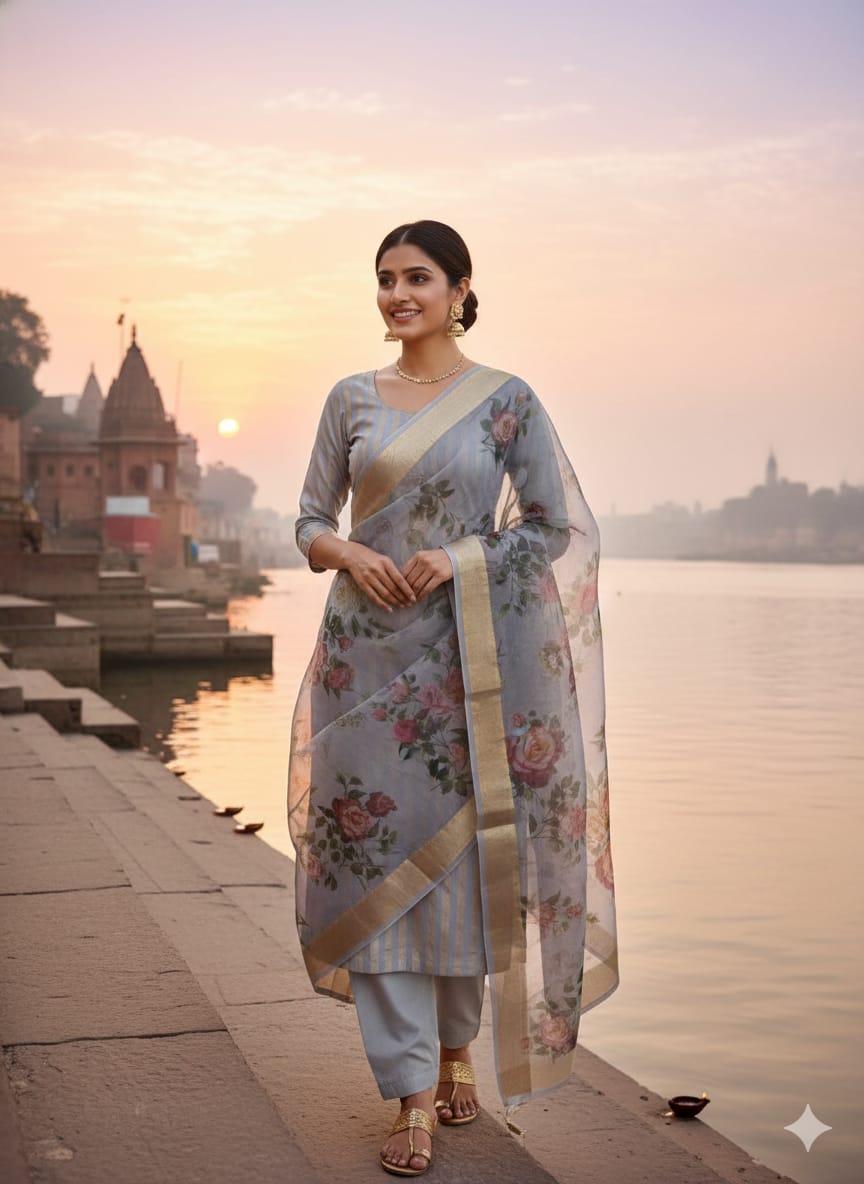Woman in a floral saree standing by a river with a sunset in the background