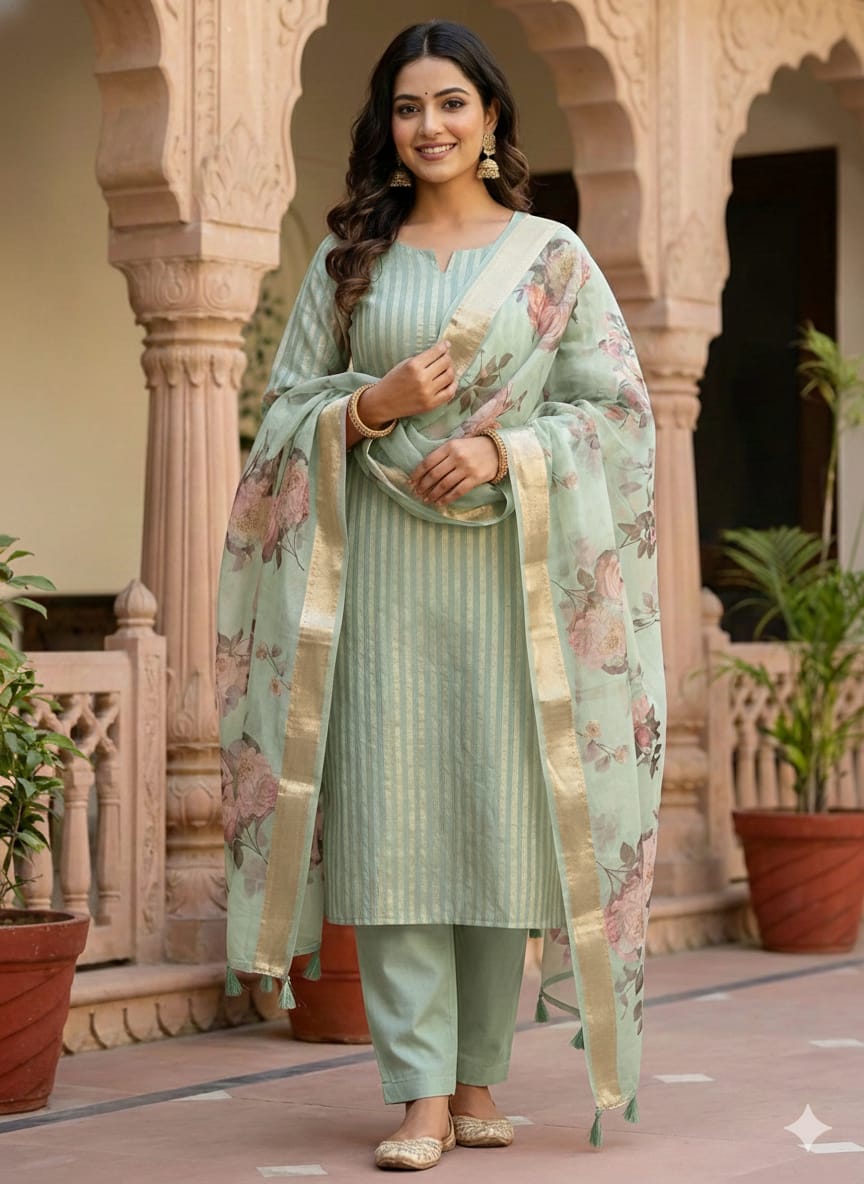 Woman in a light green traditional outfit with a floral dupatta standing in front of an architectural background.