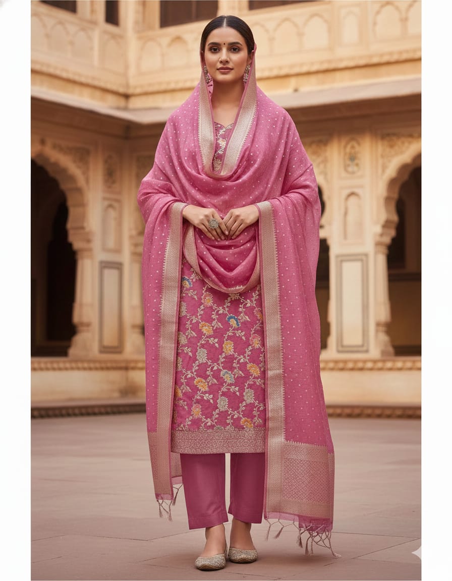 Woman wearing a pink traditional outfit with a matching dupatta in an architectural setting.