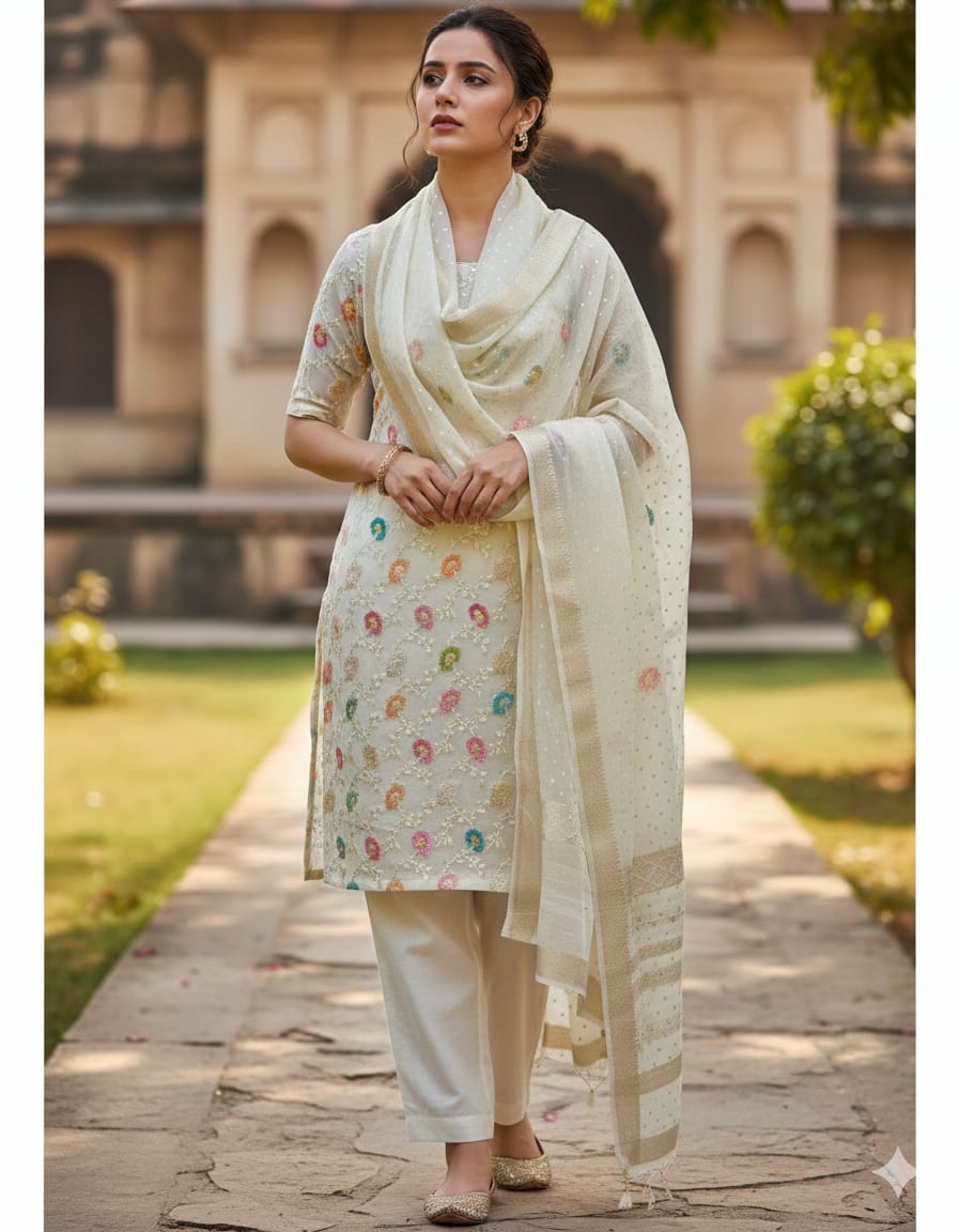 Woman in traditional outfit with floral patterns standing outdoors.
