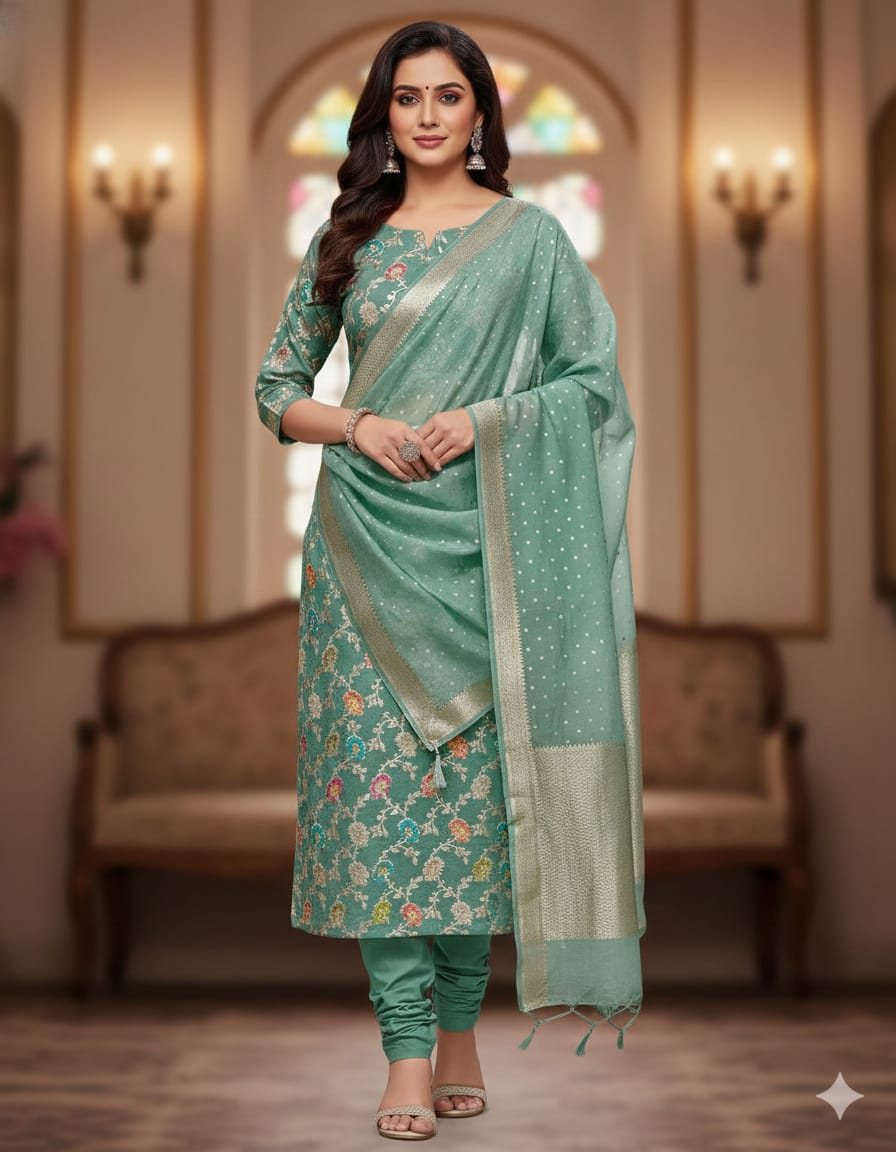 Woman wearing a green saree with a floral pattern in an elegant room.