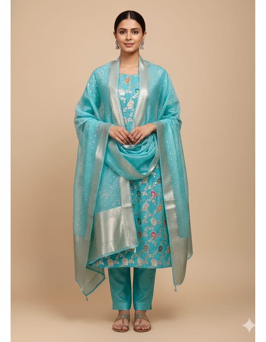 Woman wearing a turquoise traditional outfit with a matching dupatta on a beige background