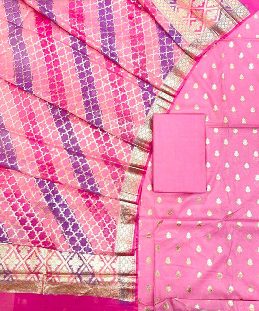 Pink saree with purple and gold patterns