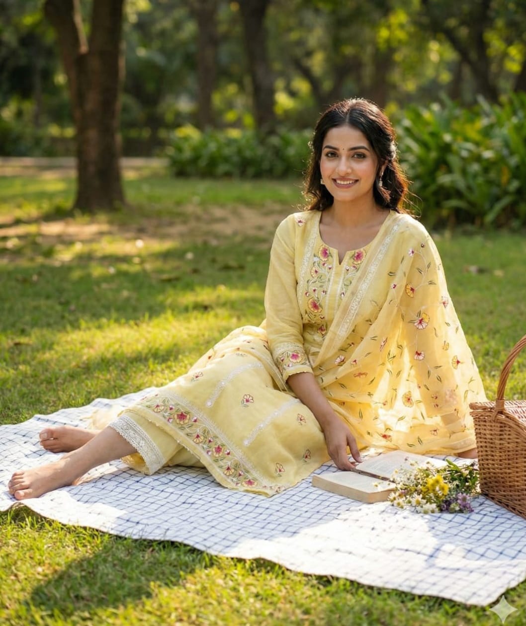 Woman in a yellow saree sitting on a picnic blanket in a park