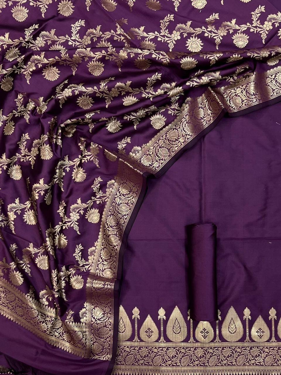 Purple saree with gold floral patterns
