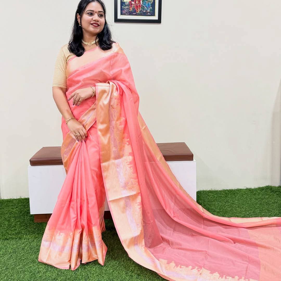 Woman wearing a pink saree with a white background