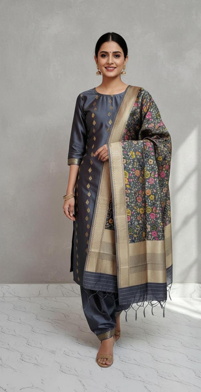 Woman wearing a traditional outfit with a floral dupatta against a gray background