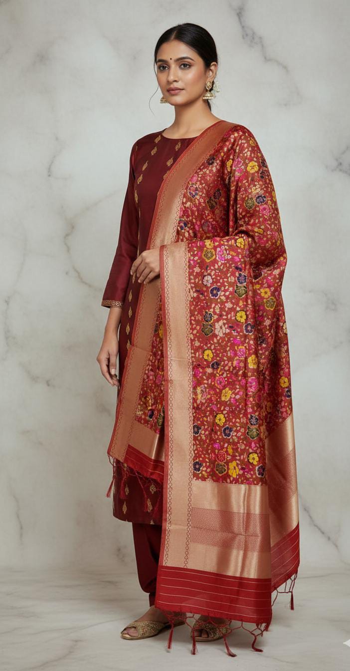 Woman wearing a traditional red and gold saree with a floral pattern on a marble background