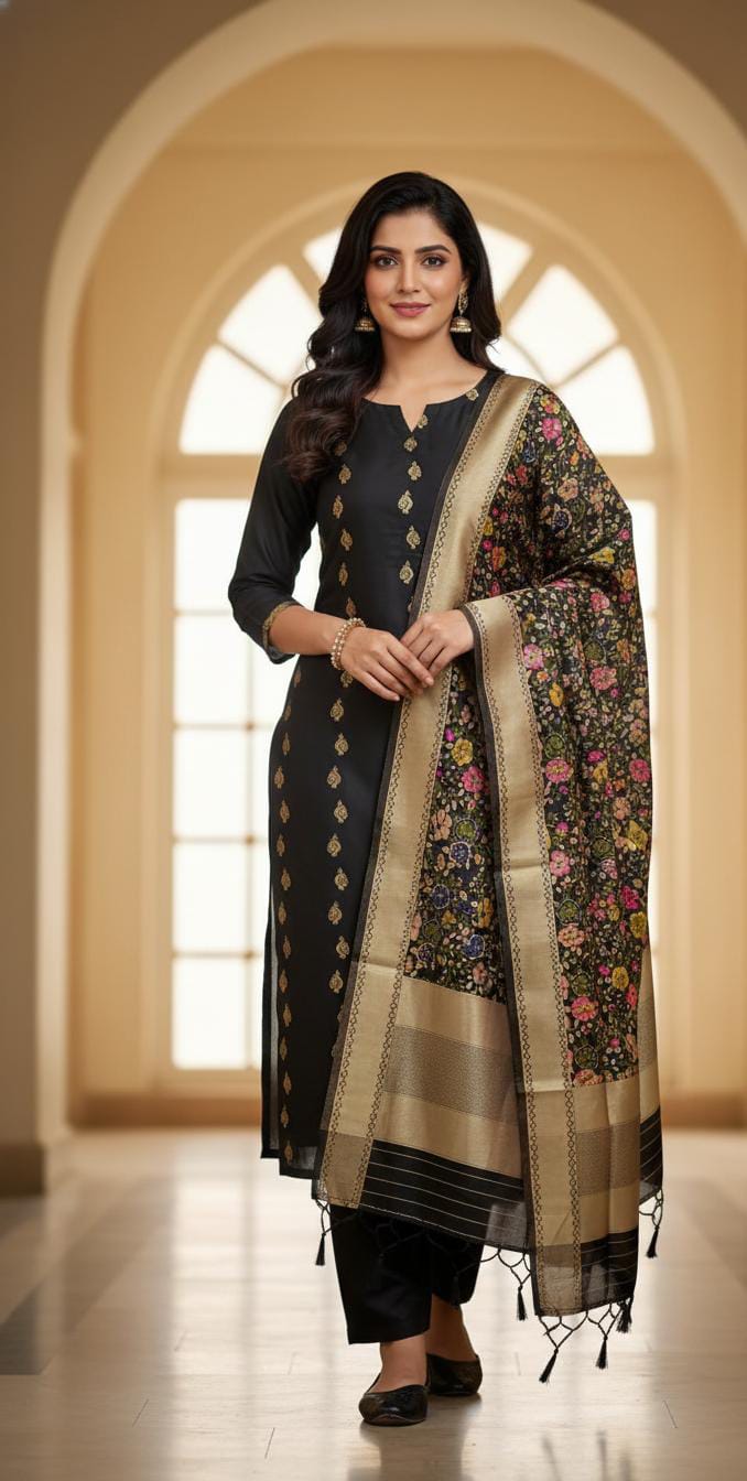 Woman wearing a traditional outfit with a floral dupatta in an indoor setting