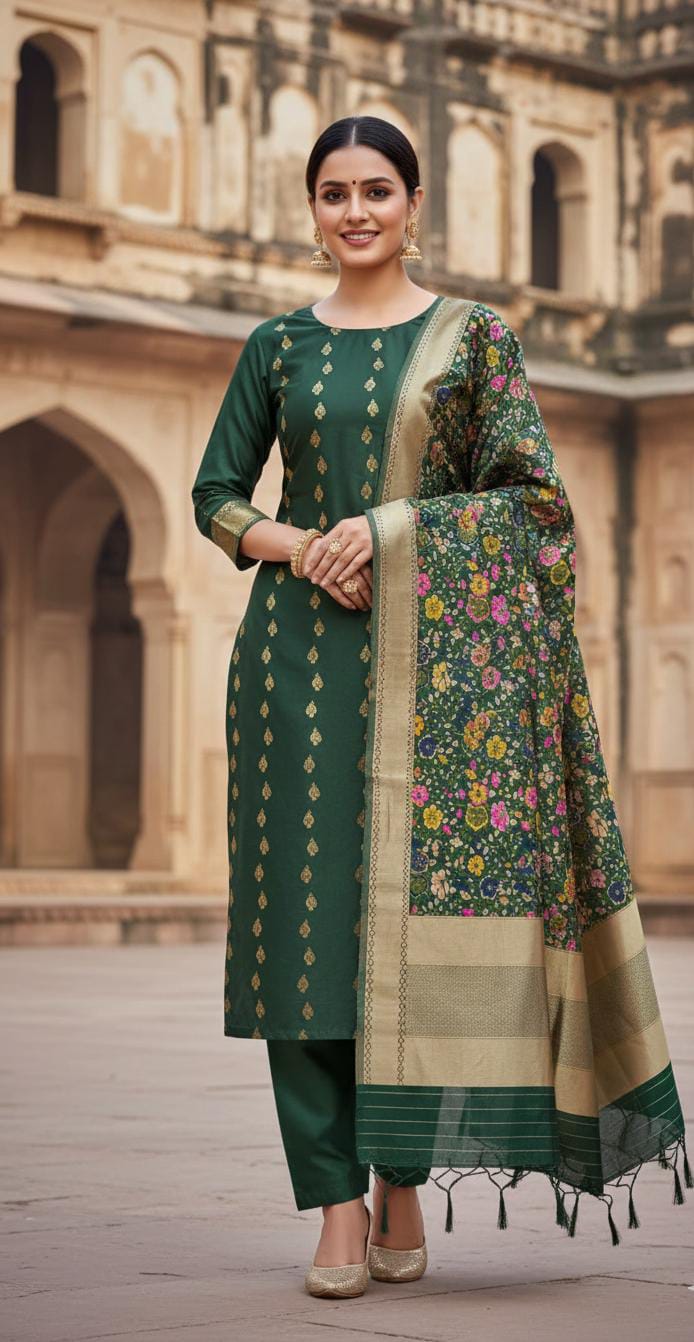 Woman in a green traditional outfit with a floral dupatta standing in front of an architectural background.