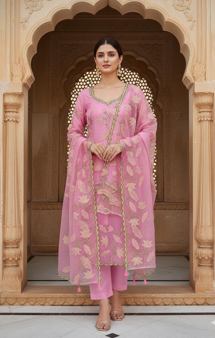 Woman in a pink traditional outfit standing in an ornate archway.