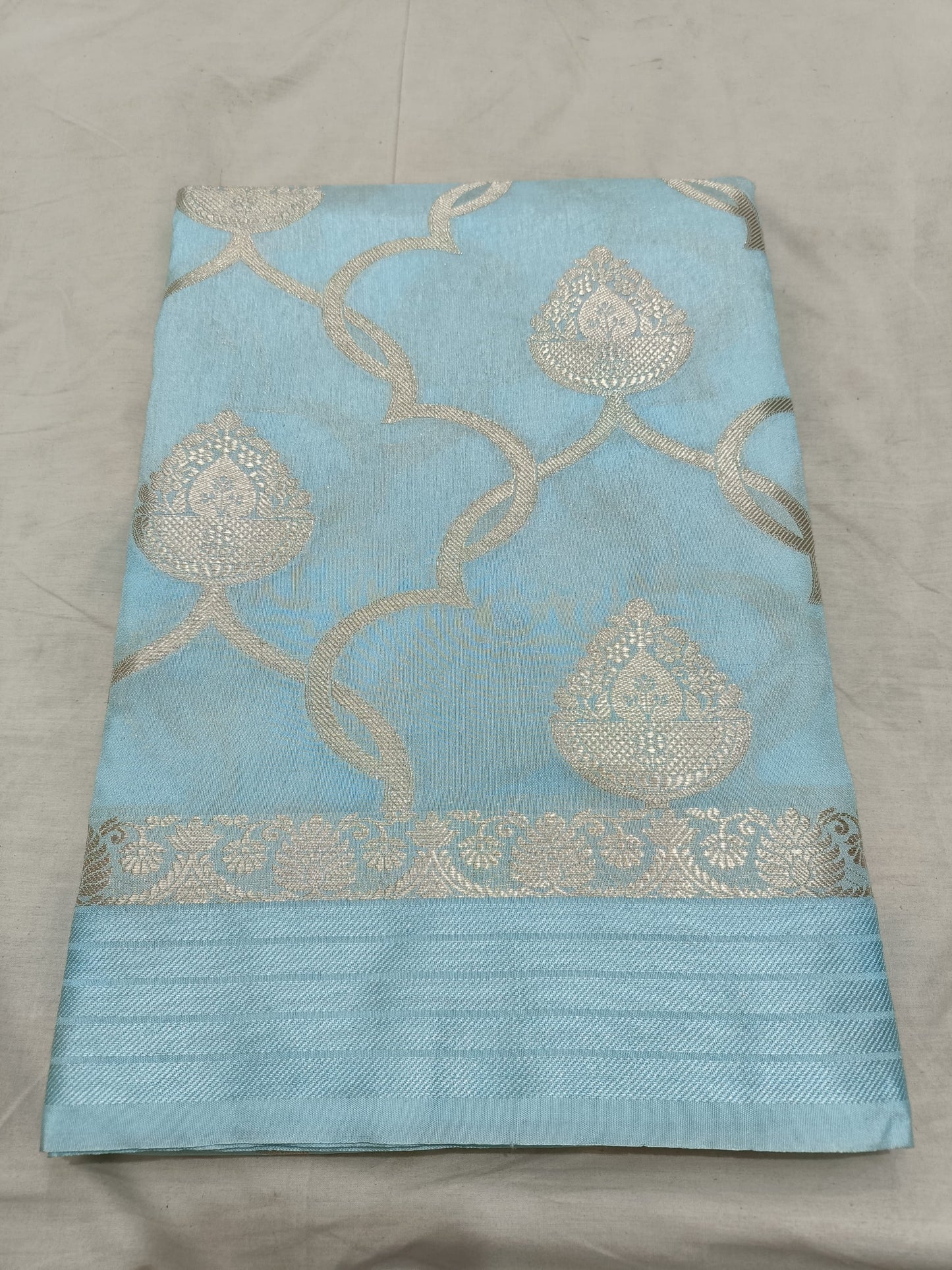 Premium Light Blue Banarasi Raw Mango Silk Saree with Small Buti Design