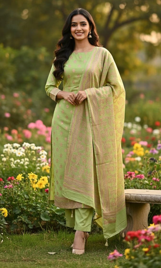 Woman in a green traditional outfit standing in a garden with flowers