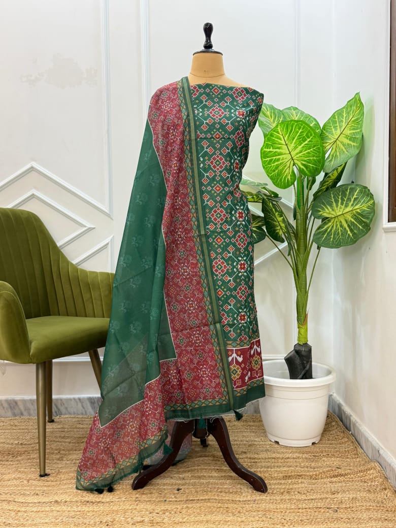 Traditional green and red patterned saree on a mannequin with a plant and chair in the background