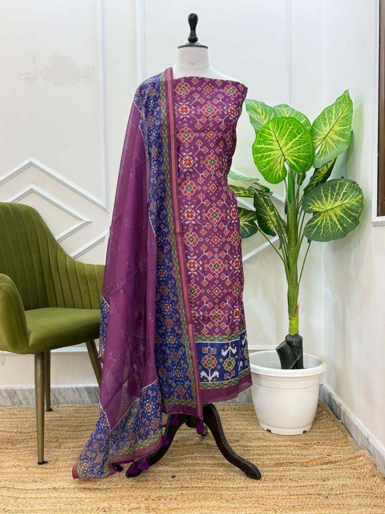 Purple embroidered traditional outfit on a mannequin with a plant in the background