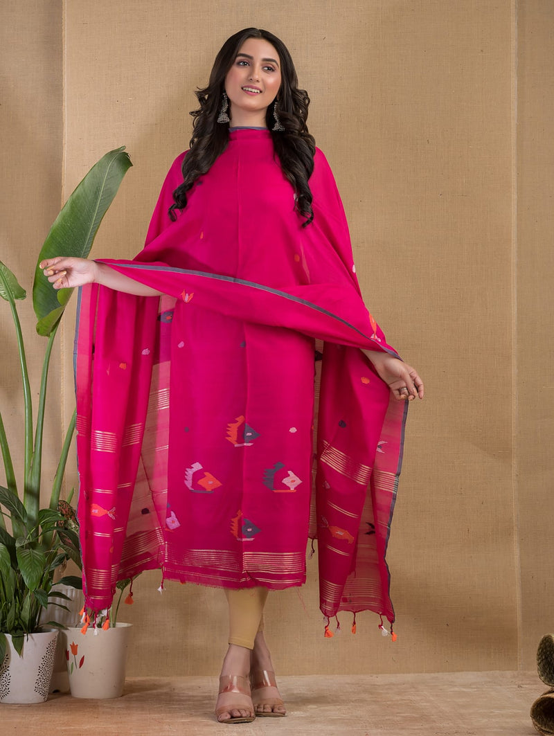 Jamdani Cotton Top & Dupatta Unstitched Suit Set | Handwoven Tantus