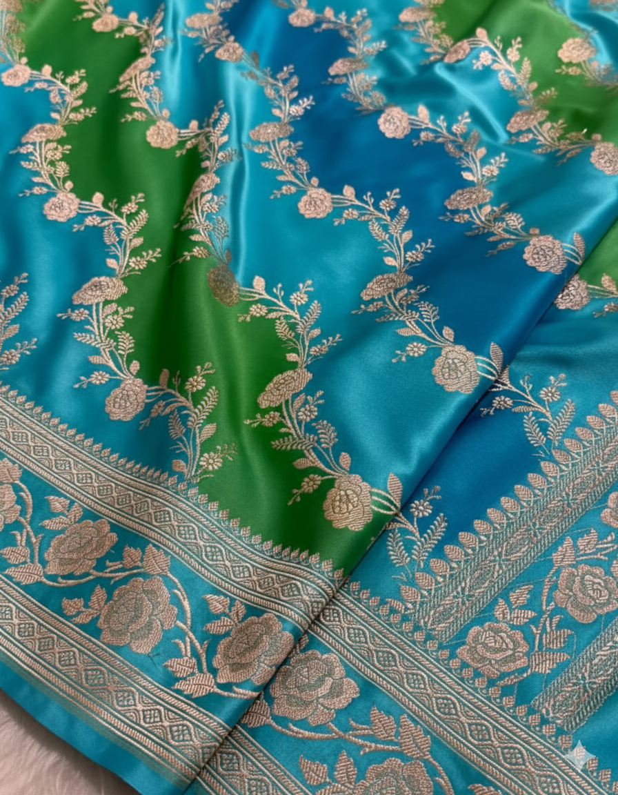 Blue and green fabric with floral patterns