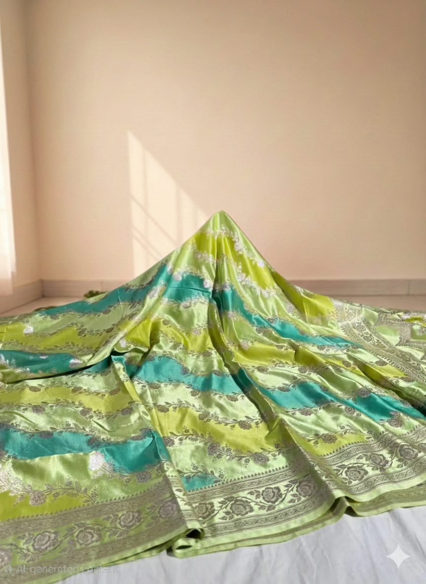 Green and blue patterned fabric draped over a surface with a neutral background