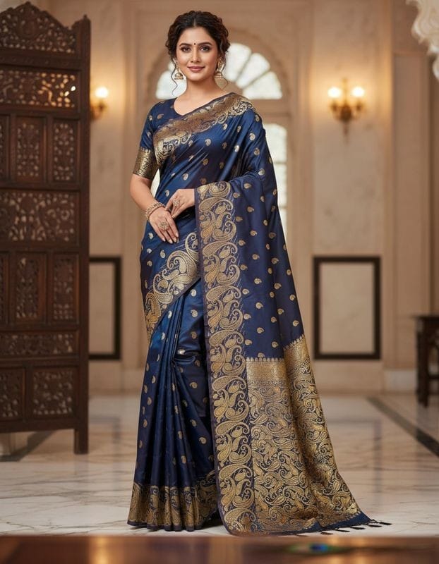 Woman wearing a blue saree with gold patterns in an elegant indoor setting