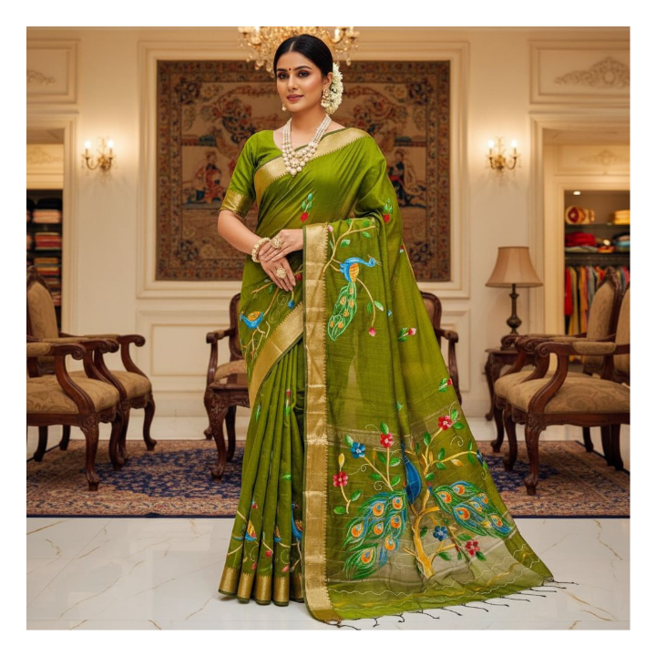 Woman in a green saree with floral and peacock patterns in an elegant room.
