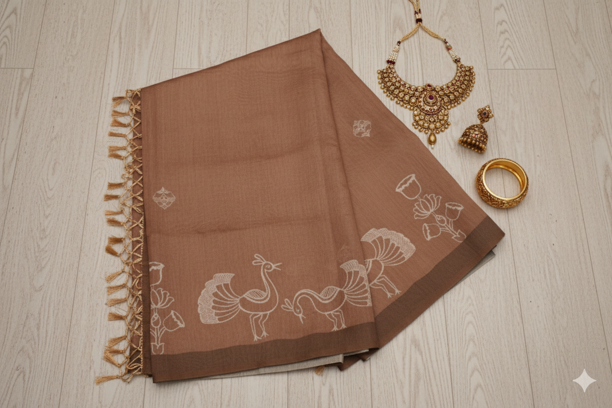 Brown scarf with white patterns and gold jewelry on a light wooden surface