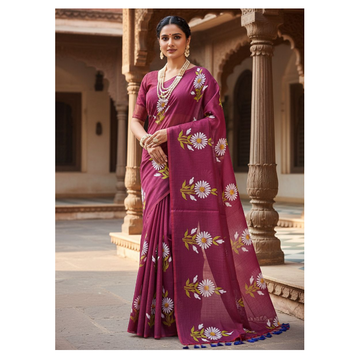Woman wearing a traditional maroon saree with floral patterns in an architectural setting.