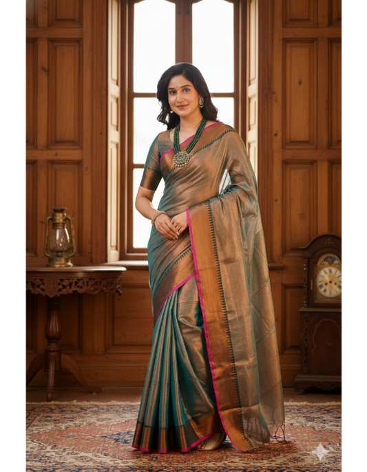 Woman wearing a traditional saree in a room with wooden walls and decor.