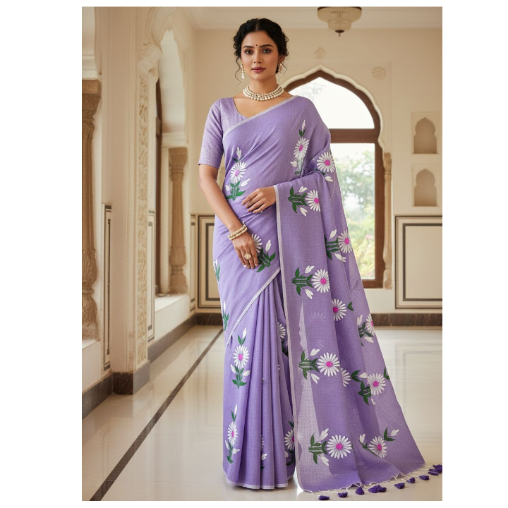 Woman wearing a lavender saree with floral patterns in an elegant interior setting