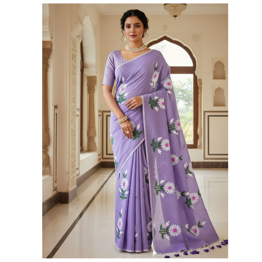 Woman wearing a lavender saree with floral patterns in an elegant interior setting