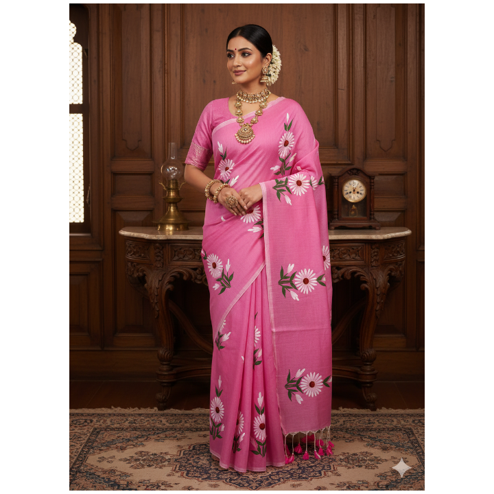 Woman wearing a pink saree with floral patterns in an elegant indoor setting.