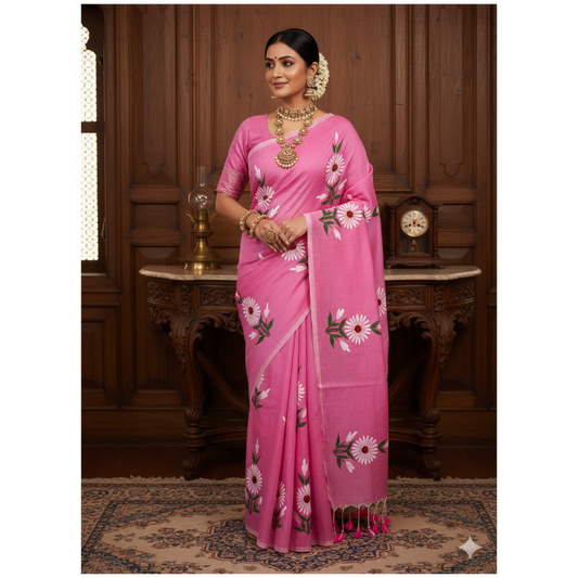 Woman wearing a pink saree with floral patterns in an elegant indoor setting.