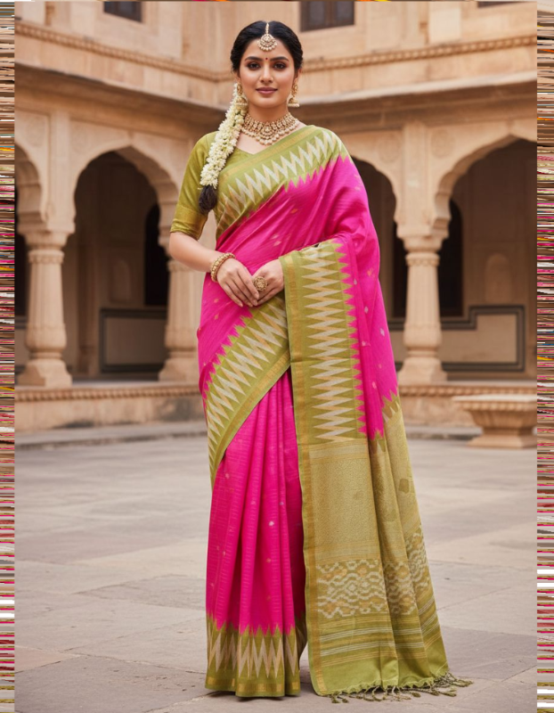 Woman wearing a pink and green saree in an architectural setting