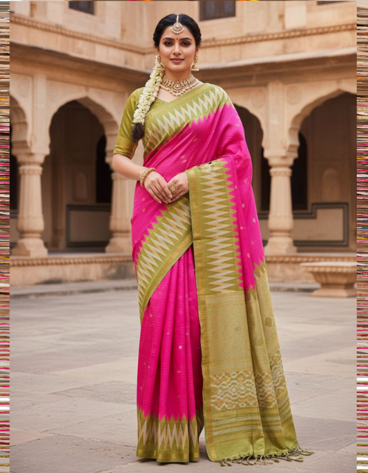 Woman wearing a pink and green saree in an architectural setting