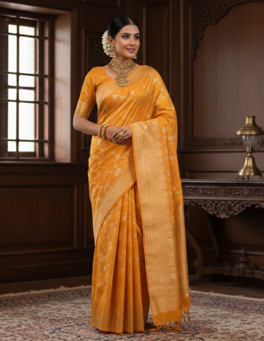 Woman in a yellow saree with gold jewelry in an elegant room.