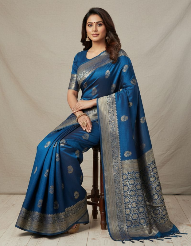 Woman wearing a blue saree with silver patterns on a neutral background