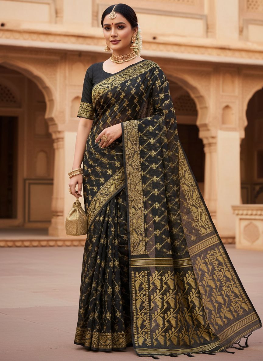 Woman wearing a black and gold saree in an architectural setting