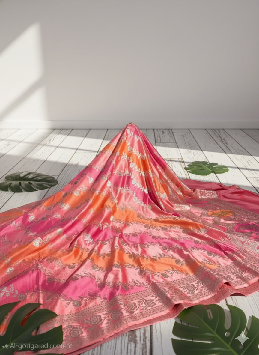 Colorful fabric draped over a white surface with green leaves in the foreground