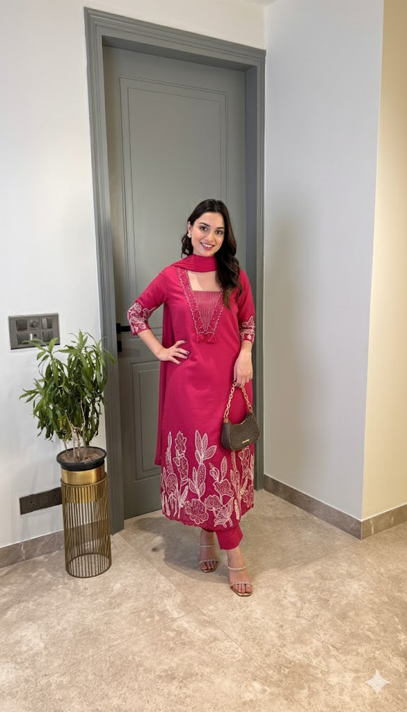 Pure Cotton Suit Set with Full Embroidery Kurta, Pant & Embroidered Dupatta | Samkri House