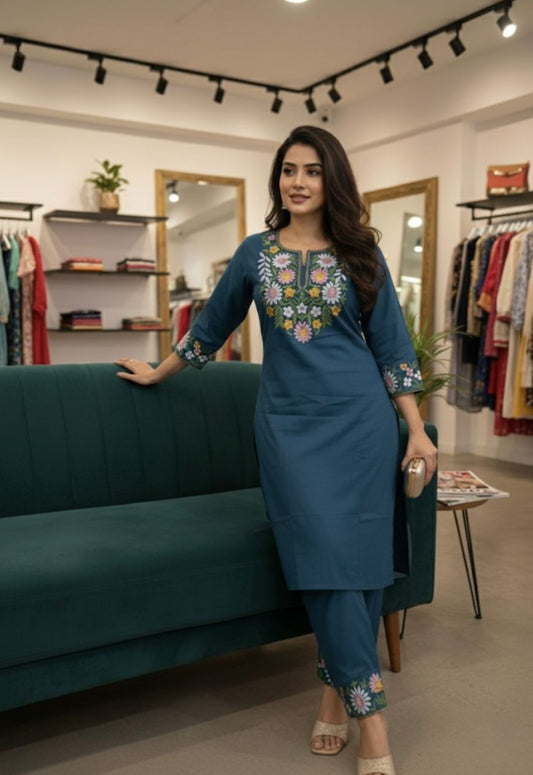 Pure Cotton Embroidered Co-Ord Set for Women | Kurti Pant Set with Border Work | Samkri House