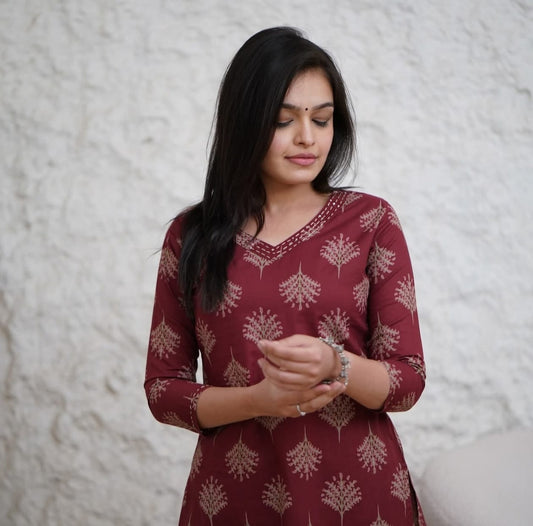 Cotton Kurti Pant Set for Women | Fully Stitched Kurta Set with Pocket