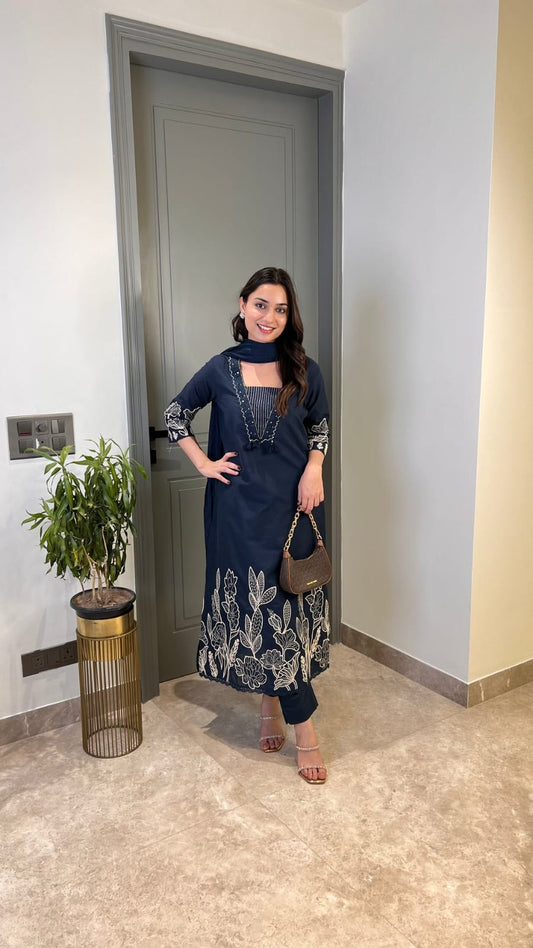 Pure Cotton Suit Set with Full Embroidery Kurta, Pant & Embroidered Dupatta | Samkri House