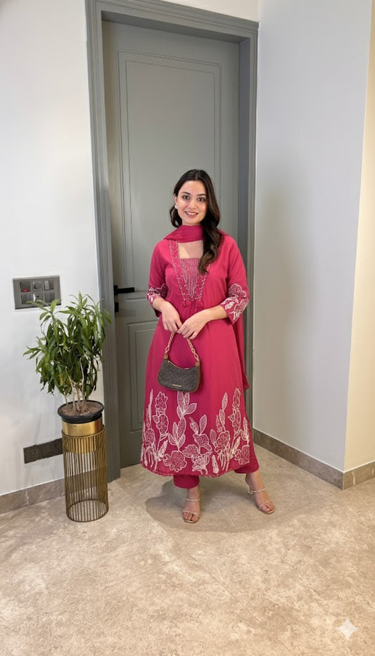 Pure Cotton Suit Set with Full Embroidery Kurta, Pant & Embroidered Dupatta | Samkri House