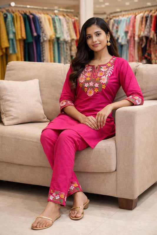 Pure Cotton Embroidered Co-Ord Set for Women | Kurti Pant Set with Border Work | Samkri House
